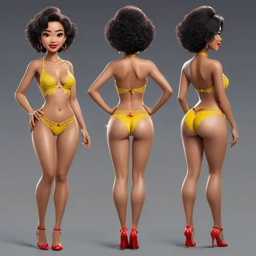 Create only high resolution, pixar 3d, 4k, character sheet style images like a paper doll, A pose. She must be wearing a yellow  lace strap bra and sexy  delta wing thong, and show her entire body. ((