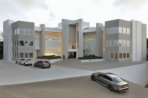 two vehicles parked in front of an elegant white building,3d rendering,residencial,residential house,modern house,render,sketchup,townhomes,lodha,revit,modern architecture,new housing development,resi