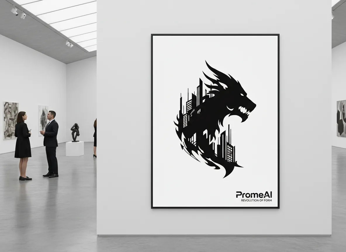 Un mockup di un poster con silhouette ad alto contrasto, progettato con PromeAI, appeso in una moderna galleria d'arte.