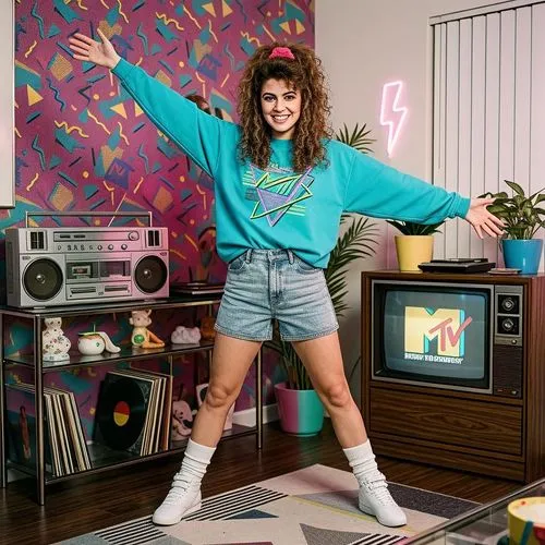 Create a high-resolution, realistic image of a young woman standing nude in a playful and confident pose, styled in the 1980s. The woman has a small bust, black pubic hair, and is wearing white shoes.