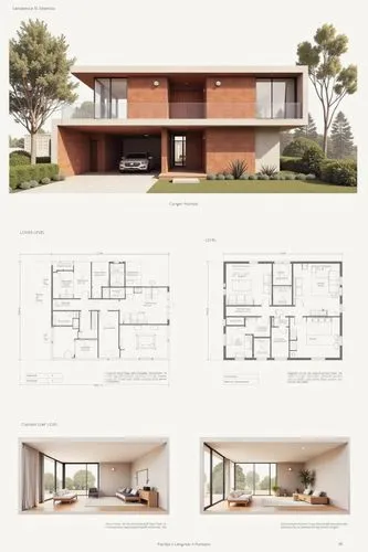 A professional architectural presentation board with a Pure background and a clean, minimalist design layout. The board includes:

Top Section: On the top left, a photorealistic render of a contempora