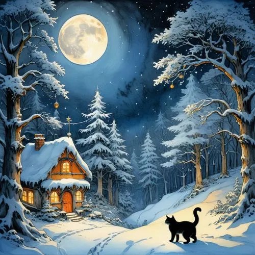 Night, bright moon shining. Snowy winter forest, large snowdrifts. There is a clearing in the forest, on which a Christmas tree with garlands of tangerines is growing. A cat in a Santa Claus costume i