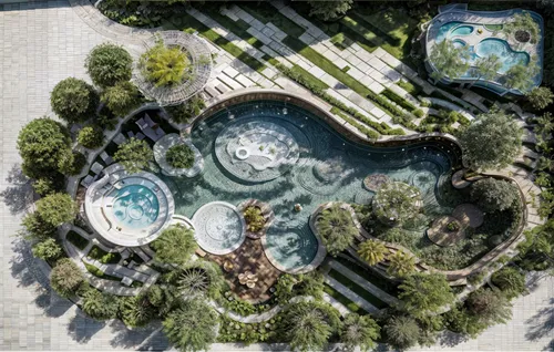 Organic pool with lush trees and gardens around, super realistic architectural rendering,  wood deck sitting areas and lounge chairs, pockets of sitting areas, high resolution rich details, 16k,garden