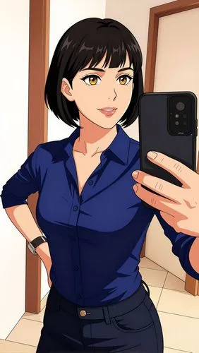 anime style Style, art by Naoko takeuchi :
Latin woman with Mexican features, gold-brown eyes.,
,an anime woman taking a selfie in the mirror,secretarial,saleslady,mirror,in the mirror,transparent i