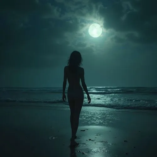 woman walking in wet sand toward ocean on cloudy night,dark beach,moonlight,moonlit night,moonlit,sea night,moonlighted,lune,woman silhouette,moonstruck,light of night,walk on the beach,nightdress,moo