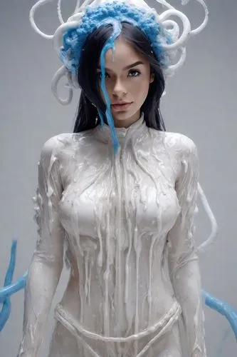 A woman dressed in a kind of white clothes made of goo and white tentacles, with several blue drawings of goo while dripping.,a close up of a statue of a woman with blue accents on her head,bjork,homo