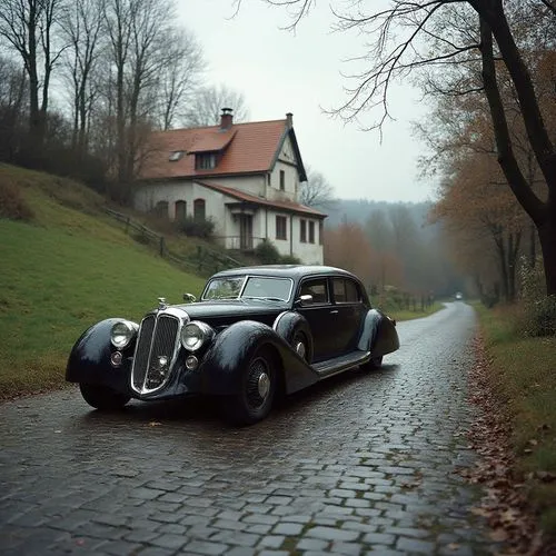 a vintage car is parked on the road near a house,vintage car,old car,vintage cars,veteran car,antique car,classic car,wedding car,tourer,old cars,vintage vehicle,classic cars,alpine style,winding road