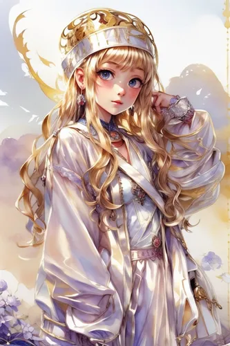 a very pretty girl with a big blonde wig,jessamine,vestal,sun bride,white winter dress,golden crown,summer crown,golden haired,priestess,gold crown,noblewoman,spring crown,lily of the desert,toga,suit