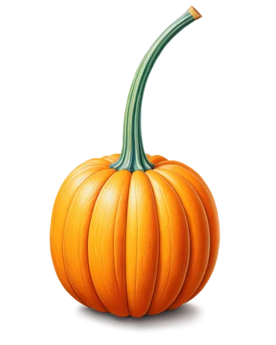 Pumpkin, orange, curved body, green stem, yellow highlights, detailed texture, rounded shape, symmetrical composition, warm color tone, soft lighting, close-up shot, shallow depth of field, PNG transp