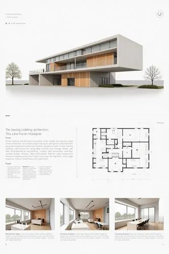 A professional architectural presentation board with a Pure background and a clean, minimalist design layout. The board includes:
Top Section: On the top left, a photorealistic render of a contempora