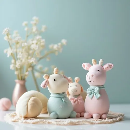 exclusive kids room elegant decoration on table,delicate ,pastel colors,blured background,zoom focus
,three figurines with different colored toys on a tray,teacup pigs,marzipan figures,whimsical anima
