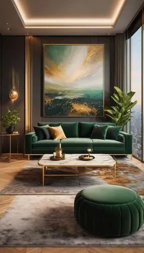 Modern living room, luxurious interior, comfortable couch, velvet upholstery, golden frame, marble coffee table, abstract art painting, floor lamp, softbox lighting, 3/4 composition, warm color tone, 