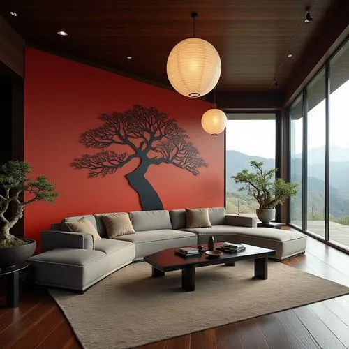 Elegant Japanese-style living room, large red accent wall with painted black tree art, dark wood flooring, low modern coffee table with minimalist decor, traditional white rice paper lanterns hanging 