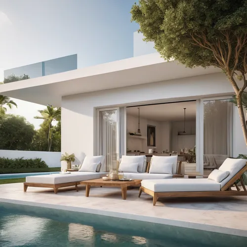 outdoor seating near a white villa with a pool in contemporary style, ultra realistic, 4k,luxury property,modern house,holiday villa,luxury real estate,3d rendering,luxury home,dunes house,pool house,