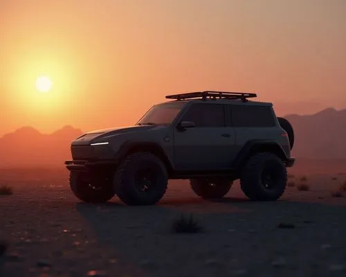 rugged,boxy electric SUV  parked in a dark, moody sunset lit, in the middle of a vast dessert  close-up on 22-inch matte black alloy wheels, sharp reflections, volumetric fog, Unreal Engine 5 render s