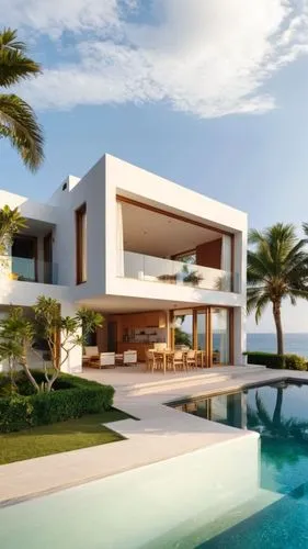 la vivienda se encuentra en un acantilado, pegado al mar, con familias disfrutando de la vista,a large house with a view of the ocean,modern house,luxury home,luxury property,holiday villa,beach house