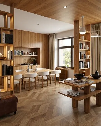 A hybrid space combining a cozy home library and a dining area. The design features open wooden shelving filled with books, a polished dining table surrounded by modern chairs, and warm neutral tones.