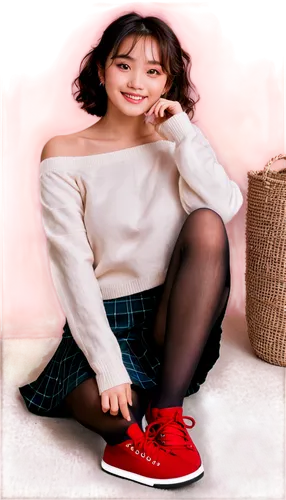 Momo, Japanese idol, sweet smile, cute dimples, short curly brown hair, colorful contact lenses, natural makeup, white off-shoulder sweater, plaid miniskirt, black tights, red sneakers, sitting on flo