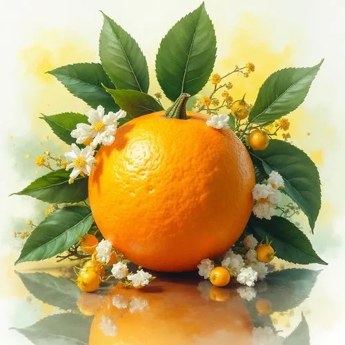 Create a vibrant still life painting featuring an oversized orange at the center, surrounded by lush green leaves and bright yellow accents. Include delicate white flowers and small yellow buds to enh