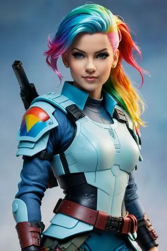 Beautiful fashion model with rainbow hair and preppy casual wear, ethereal dreamy mist, posing in a fashion pose. Kinship Magazine. Gentle smile,a colorful, neon haired girl wearing a blue outfit and 