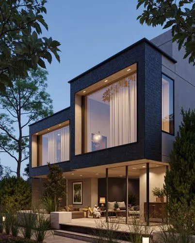 Modern, Rectilinear forms, Concrete and black brick facade, Large glass panels, Minimal outdoor lighting, Subtle landscaping, Warm neutral interior tones, Minimalist, by John Pawson

,a modern house w