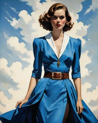 An enigmatic digital illustration: A woman with a vibrant blue dress, adorned in a black belt, and a white collar stands tall. Her gaze, directed sideways, adds mystery; her brown hair adds a splash o