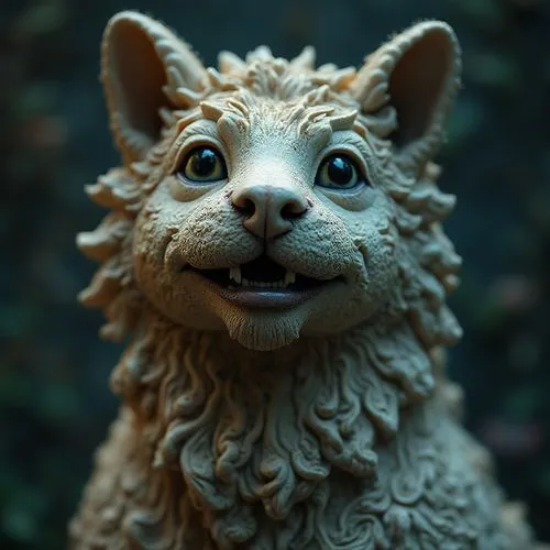 hyperrealistic  a close - up image of an animal statue beautiful, kind, charming, sociable, atmospheric photos, exotic,  8k, Hyper detailed
,a statue of a cat made from clay,pipkins,alpaca,llama,whims