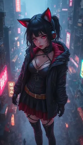 A bird eye view of 
 mesmerizing hyper-realistic cyberpunk illustration by Cihan Cevik, featuring a captivating female anime character sporting trendy cat ears and a head-turning futuristic outfit. Th