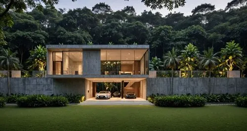 vivienda moderna de dos niveles, con muebles que se vean en segundo nivel, ventanales de cristal, muros de piedra a vista, vegetacion, jardin, pavimentos, iluminacion exterior e interior, rampa a la e