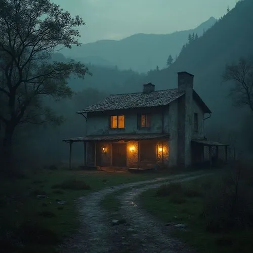 an old rundown building sitting next to a trail at night,lonely house,house in mountains,house in the mountains,the cabin in the mountains,little house,abandoned house,small house,old house,creepy hou