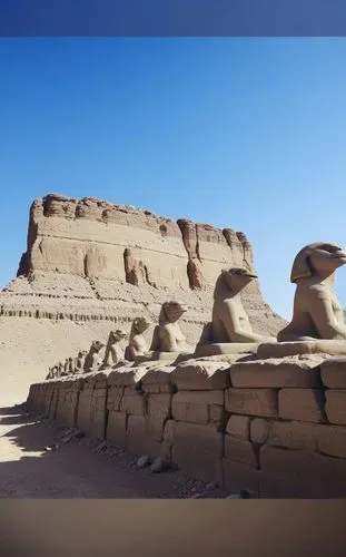 some sphinx sculptures are sitting beside a wall,stone pyramid,stone desert,the sphinx,step pyramid,sphinx,valley of the kings