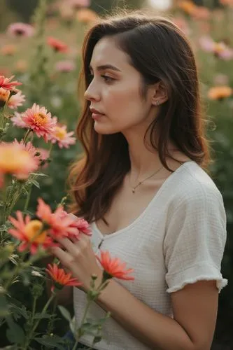 A woman thinking about flowers,woman looking at flowers in a field,girl in flowers,beautiful girl with flowers,flower background,floral,picking flowers,floral background