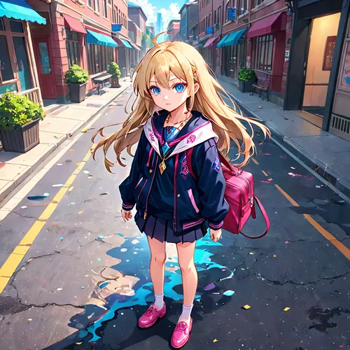 She has shiny flaxen hair, big blue watery eyes, a sparkling necklace around her neck, clothes with beautiful patterns, and pink flat shoes, standing on the street,tsumugi kotobuki k-on,colorful city,