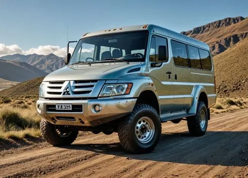 crear una 4x4 camioneta mitsubishi de grandes ruedas por un camino de tierra,an off - road vehicle is seen on a dirt road in the mountains,expedition camping vehicle,commercial vehicle,overland,off-ro