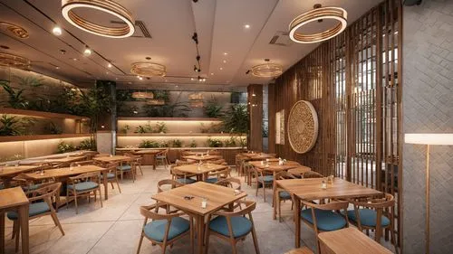 asian style restaurant interior design,an empty restaurant with wooden tables and chairs,coteries,3d rendering,renderings,wintergarden,new york restaurant,eatery,limewood,urbanspoon,japanese restauran