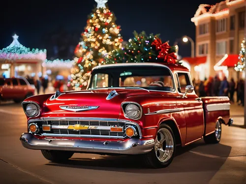57 Chevy Truck Street Drag Style: parked in front of a large beautifuly decorated Christmas tree: bright colorful dreamy lighting, Christmas motif, beautiful skyscrapers, stars in the sky, surreal,ret