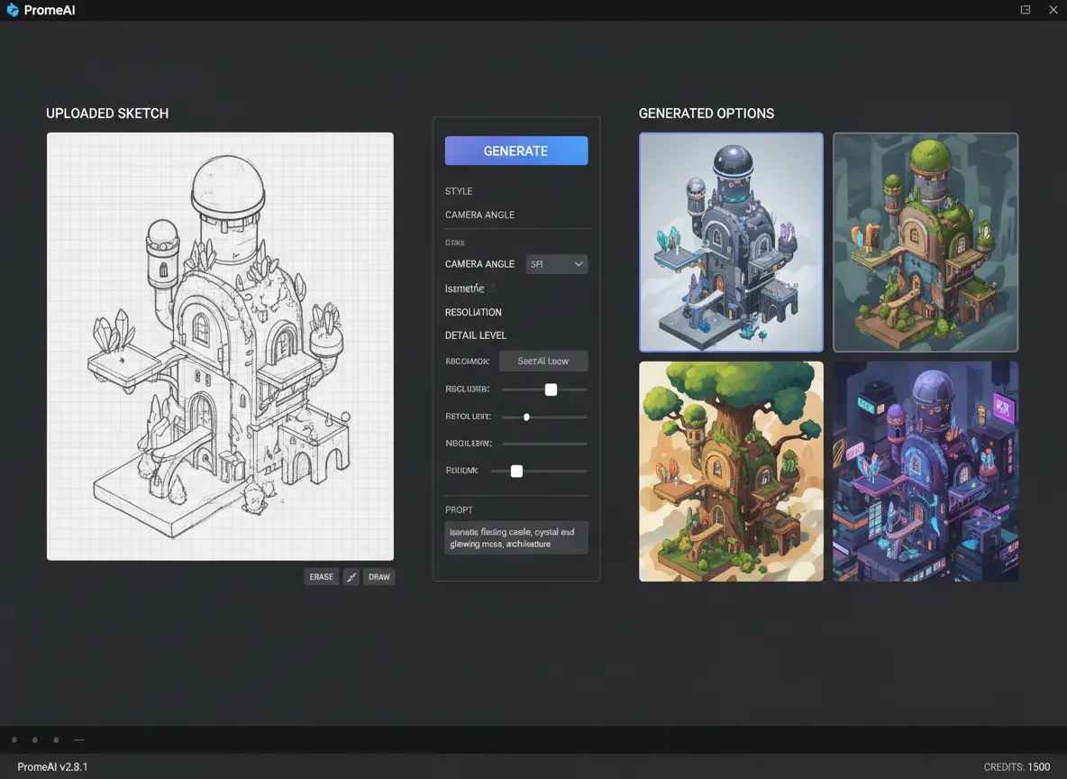 Uno screenshot pulito dell'interfaccia utente di PromeAI, che mostra uno schizzo caricato da un lato e le opzioni isometriche generate dall'altro.