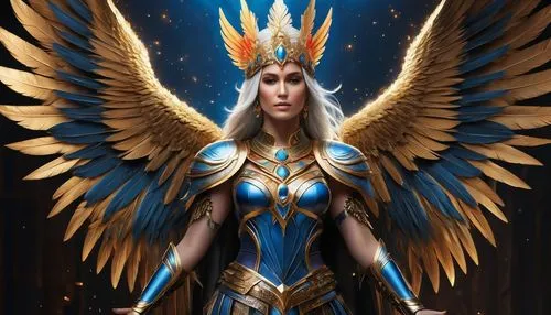 A majestic, photorealistic digital illustration in a fantasy, mythological, and science-fiction-inspired style, featuring a divine female figure (goddess or celestial priestess) with elaborate golden,
