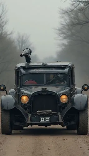 muscle car with canon, black matt,a truck with the front lights on driving on a road,mad max,steam car,speedster,open hunting car,automobile racer,cobra,off-road car,racer,racing car,viper,vanishing p