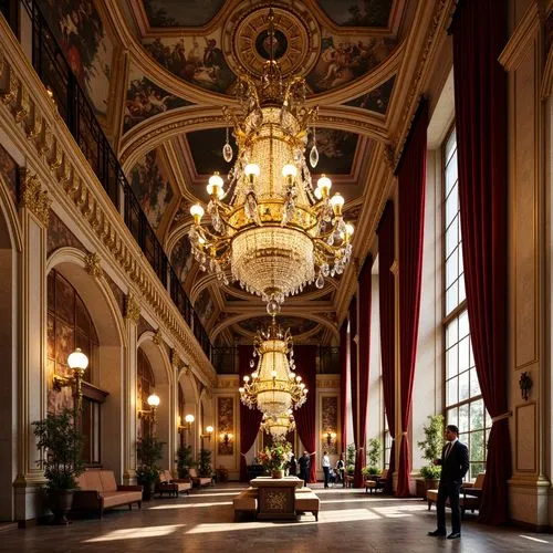 Ornate baroque chandeliers, gilded ceiling molding, rich velvet drapes, grandiose crystal fixtures, intricate fresco patterns, ornamental plasterwork, lavish gold leaf accents, majestic archways, swee