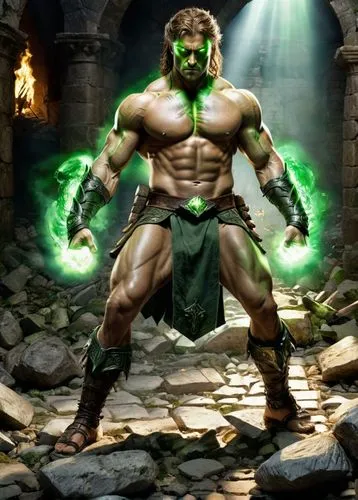 Criar guerreiro muito forte, sem camisa, com muita raiva, olhos com brilho intenso na cor verde, braços carregados de energia em verde, chão com entulhos e pedras,a male wrestler wearing green glowing