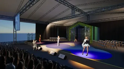 woman ,people are standing on stage for a presentation,theater stage,stage design,concert stage,performance hall,auditorium