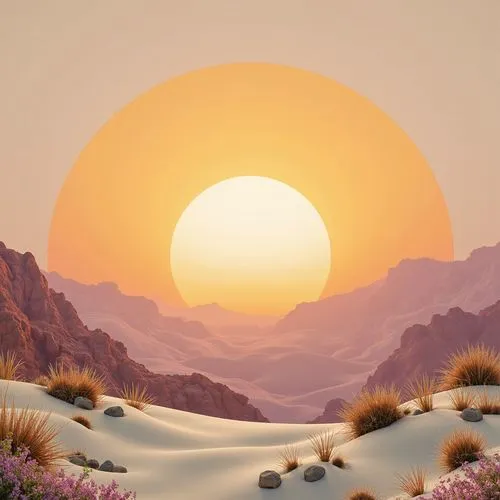 Vibrant sunset hues, warm golden light, soft peach tones, calming beige backgrounds, rich turquoise accents, deep berry shades, pastel pink highlights, creamy whites, subtle gray undertones, natural e