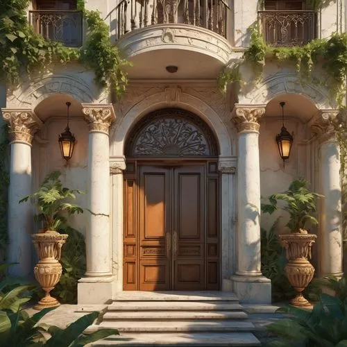 Ancient Greek-inspired acanthus architecture, ornate columns, intricately carved marble, grand entrance, sweeping arches, symmetrical façade, lush greenery, vines crawling up walls, weathered stone, a