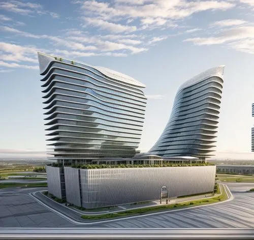 aerial view,distant shot,office building mid rise,commercial building complex,Curved style,Futuristic style,norman foster style,,modern facade,vertical frame,streets,plaza,commercial atmosphere,sidewa