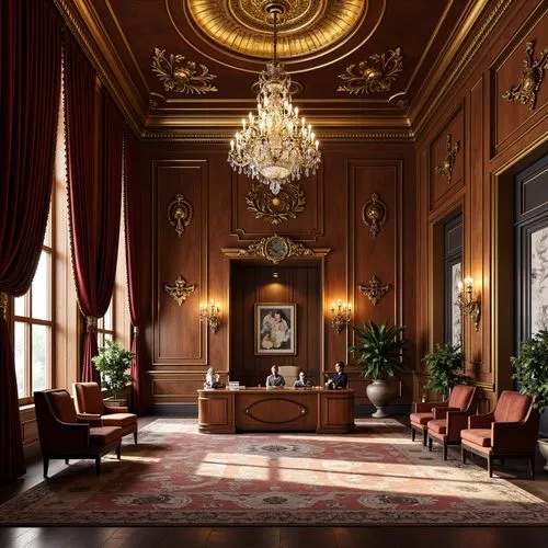 Opulent Baroque office, rich wood paneling, ornate gold accents, luxurious velvet drapes, intricately carved furniture, crystal chandeliers, elegant sconces, warm golden lighting, soft diffused glow, 