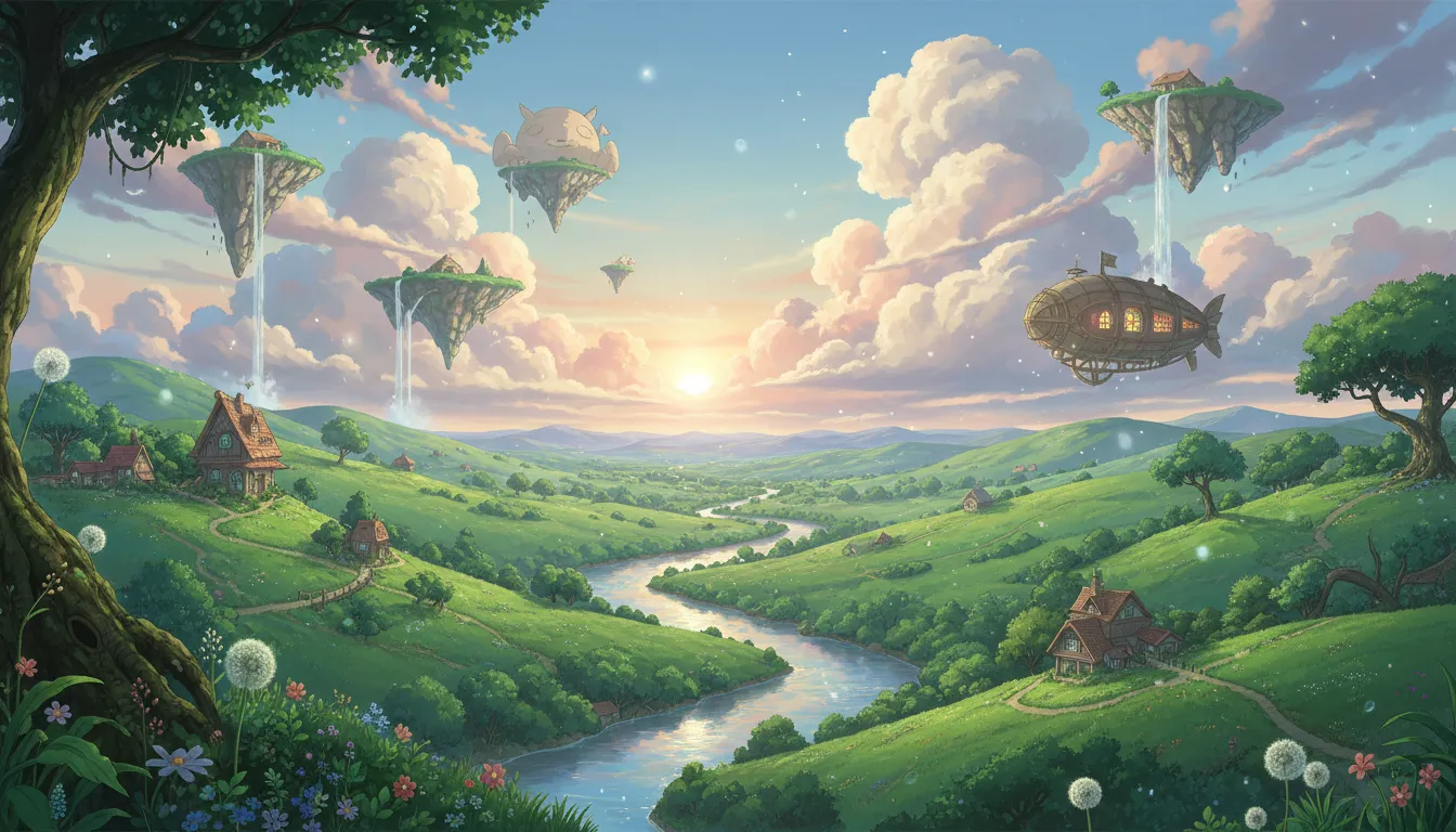 Un lussureggiante e fantasioso paesaggio anime in stile Studio Ghibli, con dolci colline verdi, un fiume scintillante e nuvole soffici e vaporose.