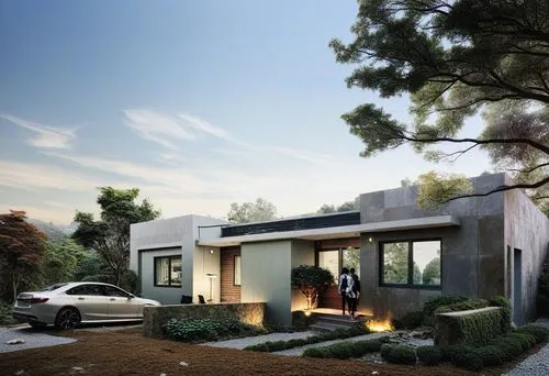 a white car is parked in front of a building,prefab,tropical house,piramal,smart house,petrola,prodromal