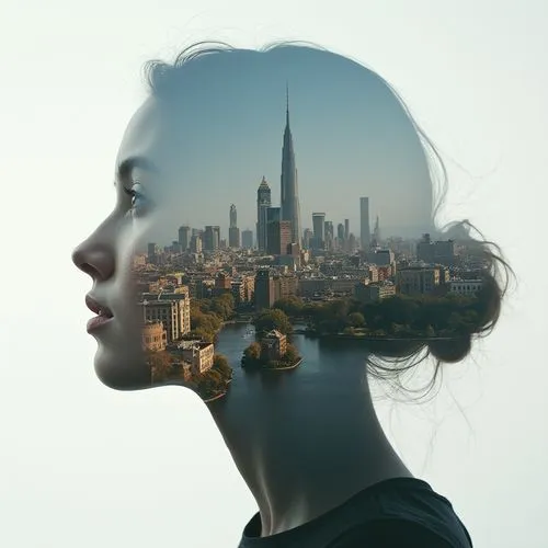 A girl's face, double exposure showing a group of buildings, buildings,a woman standing in front of a view of the city,city ​​portrait,woman silhouette,hosseinian,double exposure,ampt,cityscapes