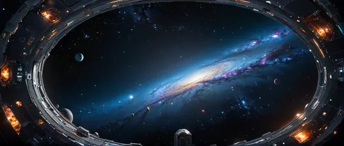 dark background of the galaxy, absence of planets, huge futuristic space flagship, high technology, polygonal elongated round shape, multi-level,spiral galaxy,galaxy soho,bar spiral galaxy,galaxy type
